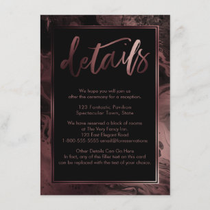 Carte D'accompagnement Rose en marbre doré Détails du Mariage sur le noir
