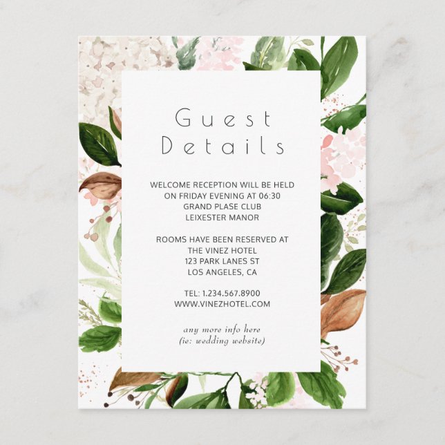 Carte D'accompagnement Rose Gold and Blush Greenery Mariage Détails du cl (Devant)