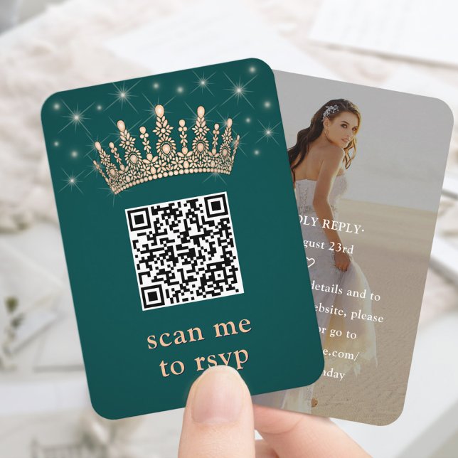 Carte D'accompagnement Rose Gold Crown Quinceañera Photo QR RSVP Green (Créateur téléchargé)