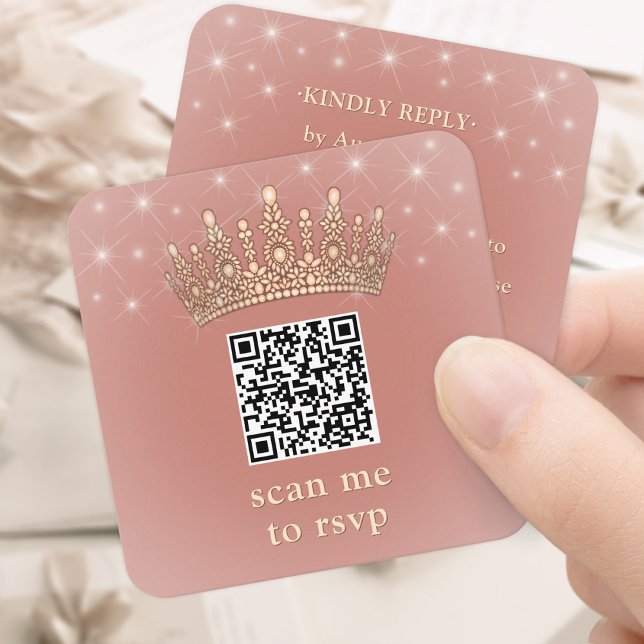 Carte D'accompagnement Rose Gold Crown Quinceañera Scan Me QR Code RSVP (Créateur téléchargé)