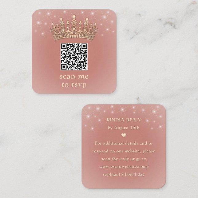 Carte D'accompagnement Rose Gold Crown Quinceañera Scan Me QR Code RSVP (Devant / Derrière)