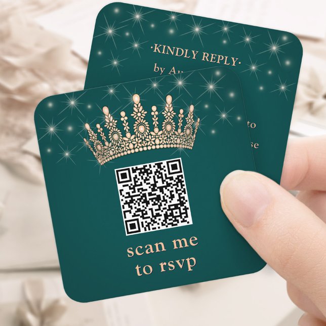 Carte D'accompagnement Rose Gold Crown Scan Me Quinceañera QR RSVP Green (Créateur téléchargé)