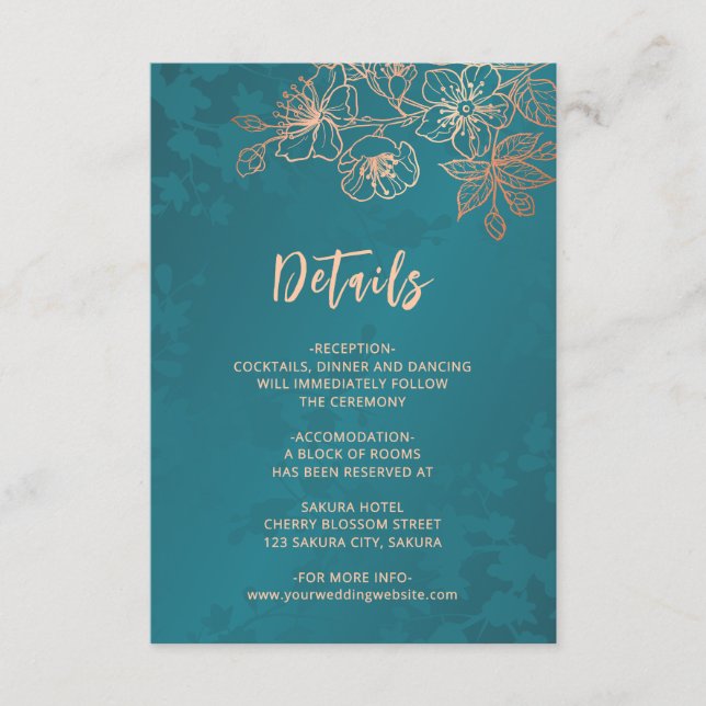 Carte D'accompagnement Rose Gold Floral Line Art Teal Wedding (Devant)
