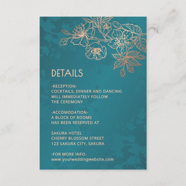 Carte D'accompagnement Rose Gold Floral Line Art Teal Wedding (Devant)