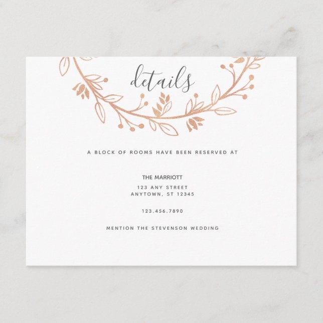 Carte D'accompagnement Rose Gold Floral Wreath Modern Mariage Detail Card (Devant)