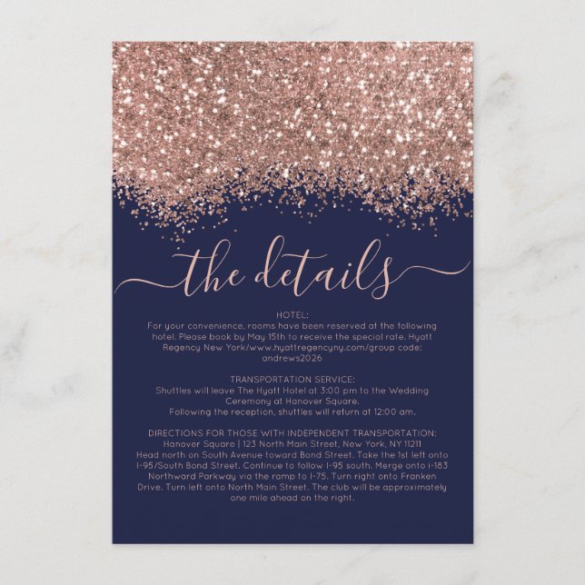 Carte D'accompagnement Rose Gold Navy Parties scintillant Confetti Mariag (Devant)