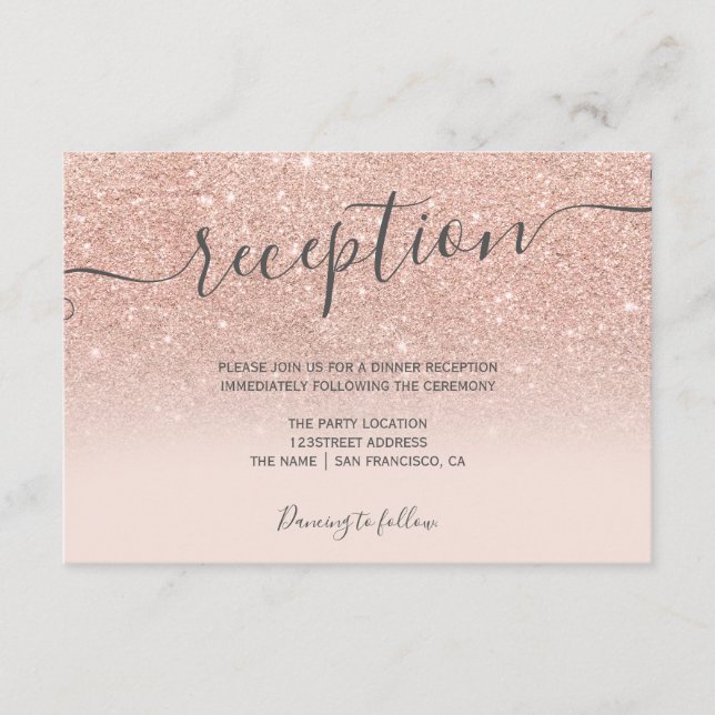Carte D'accompagnement Rose gold pailleté ombre blush réception script (Devant)
