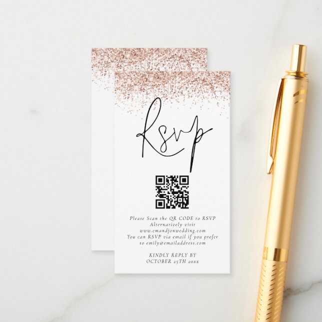 Carte D'accompagnement Rose Gold Parties scintillant QR Code Mariage RSVP (Devant/Arrière en situation)