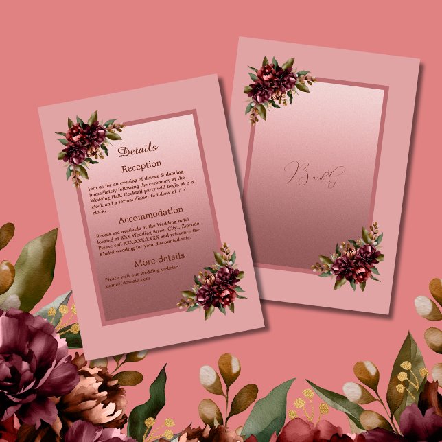 Carte D'accompagnement Rose Gold Script Blush - Mariage floral bordeaux (Créateur téléchargé)