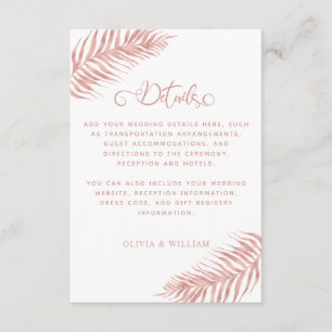 Carte D'accompagnement Rose Gold Tropical Palm Leaf White Mariage Détails