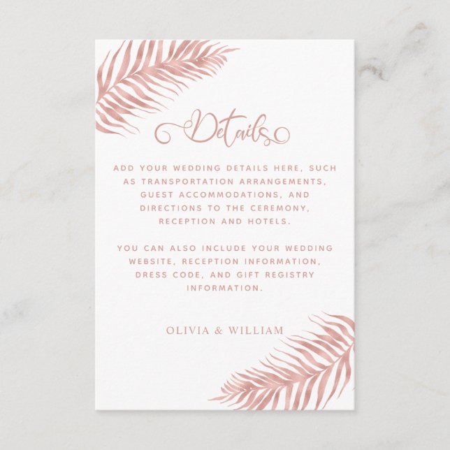 Carte D'accompagnement Rose Gold Tropical Palm Leaf White Mariage Détails (Devant)