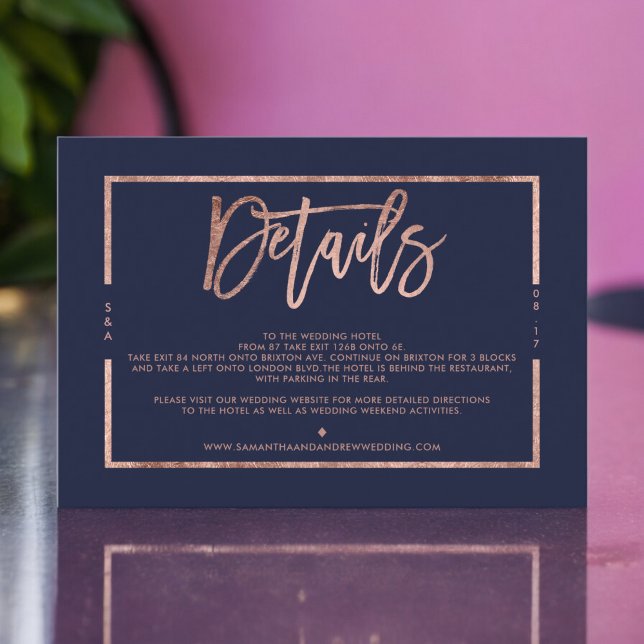 Carte D'accompagnement Rose or marine bleu script direction mariage (Rose gold navy blue script wedding direction enclosure card)