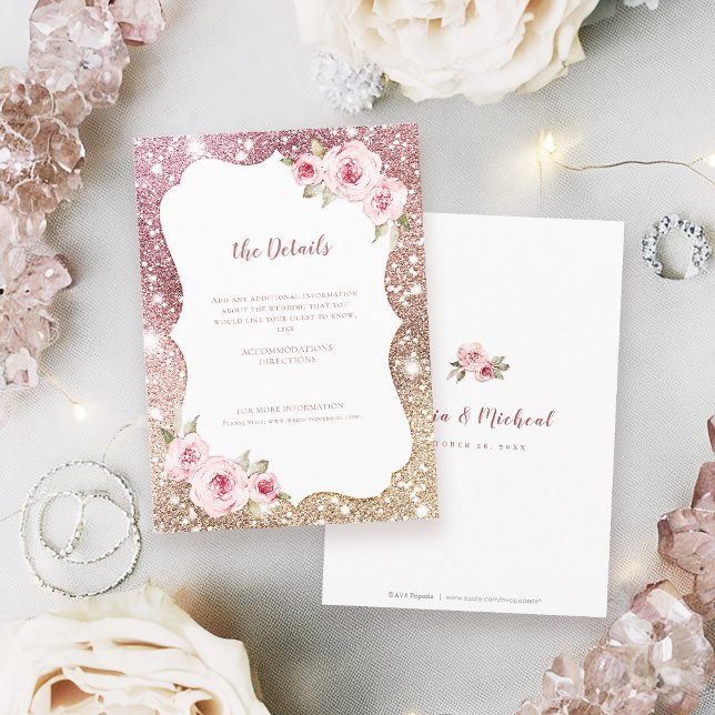 Carte D'accompagnement Rose  or parties scintillant floral Mariage Détail (Sparkle rose gold glitter floral Wedding Details Enclosure Card)