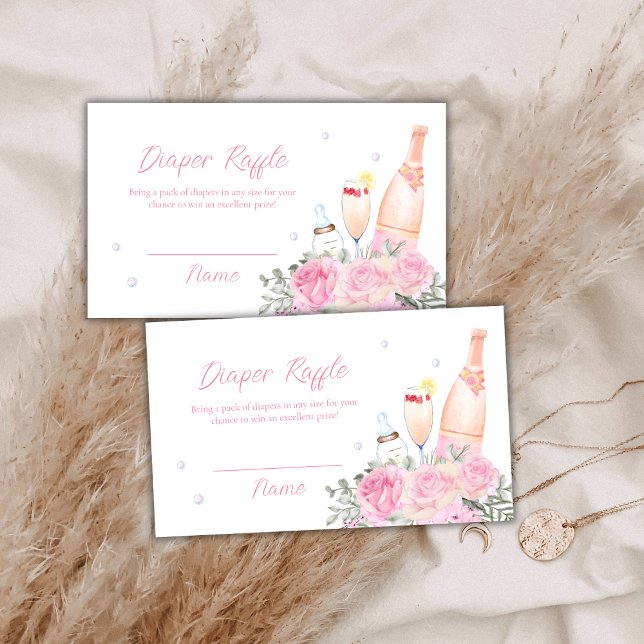 Carte D'accompagnement Rose Poppin Champagne Déchets Baby shower  Raffle (Rose Poppin Champagne Diaper Raffle Baby Shower Enclosure Card)