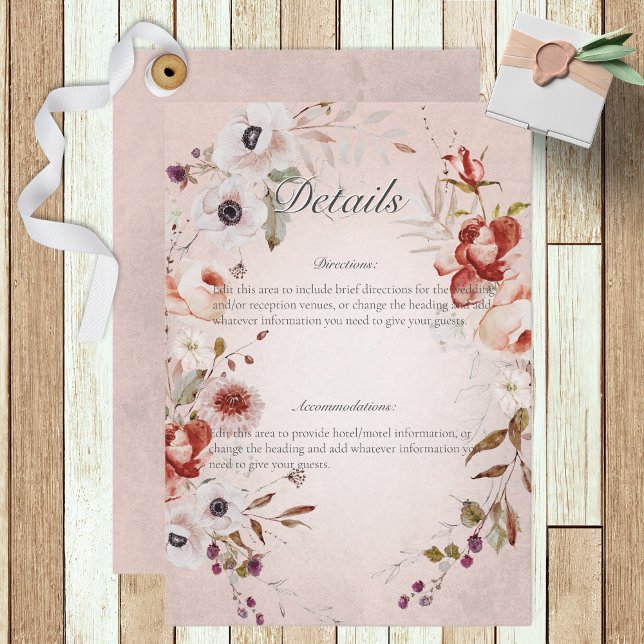 Carte D'accompagnement Rose romantique rose  Floral Détails du Mariage (Créateur téléchargé)
