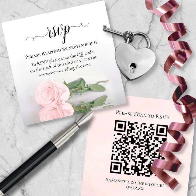 Carte D'accompagnement Rose rose vierge élégant mariage RSVP QR Code (Front/Back)