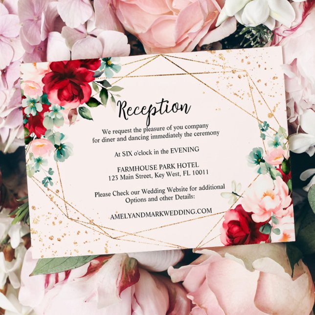 Carte D'accompagnement Rose rouge et or Aquarelle de mariage réception (Créateur téléchargé)