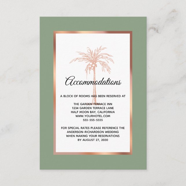 Carte D'accompagnement Rose Sage Gold Palm Tree Mariage Hébergements (Devant)