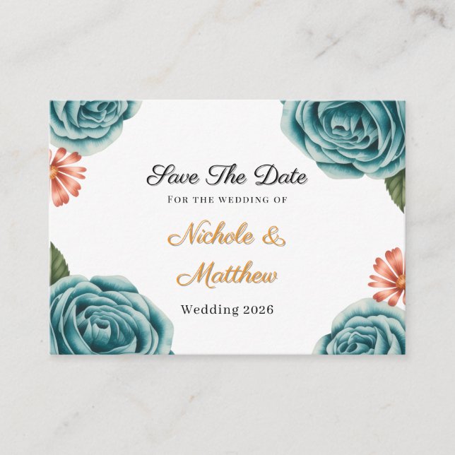 Carte D'accompagnement Rose sarcelle & Daisy orange  Enregistrez la date  (Devant)
