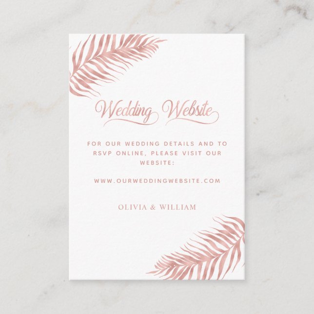 Carte D'accompagnement Rose Tropical Palm Leaf Gold White Mariage site We (Devant)
