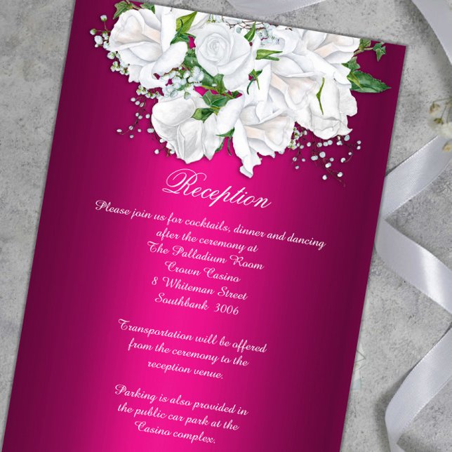 Carte D'accompagnement Roses blanches Boho Fuchsia Réception de mariage r (Créateur téléchargé)