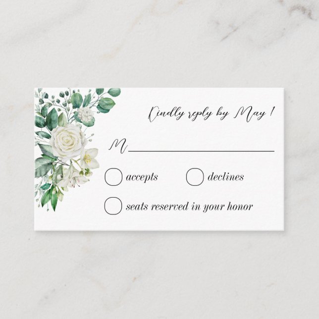 Carte D'accompagnement Roses blanches d'eucalyptus vert RSVP (Devant)