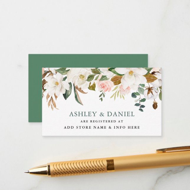 Carte D'accompagnement Roses d'aquarelle Magnolias Mariage Registre Insér (Devant/Arrière en situation)