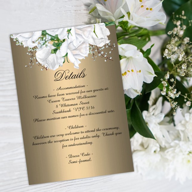 Carte D'accompagnement Roses de bouquet nuptial blanc sur Mariage or (Créateur téléchargé)