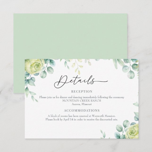 Carte D'accompagnement Roses de l'eucalyptus | Elegant Boho Green Details (Devant / Derrière)