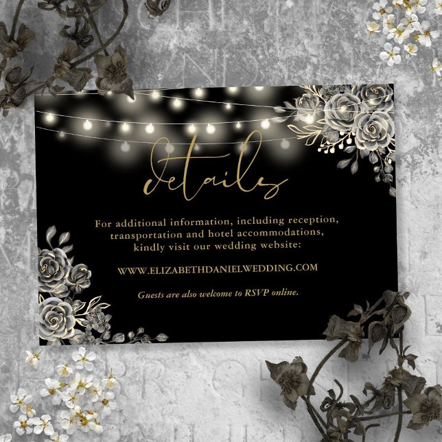 Carte D'accompagnement Roses noires et dorées Lumières Détails de mariage (Black And Gold Roses Lights Gothic Wedding Details Enclosure Card)