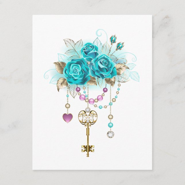 Carte D'accompagnement Roses turquoise avec touches (Devant)