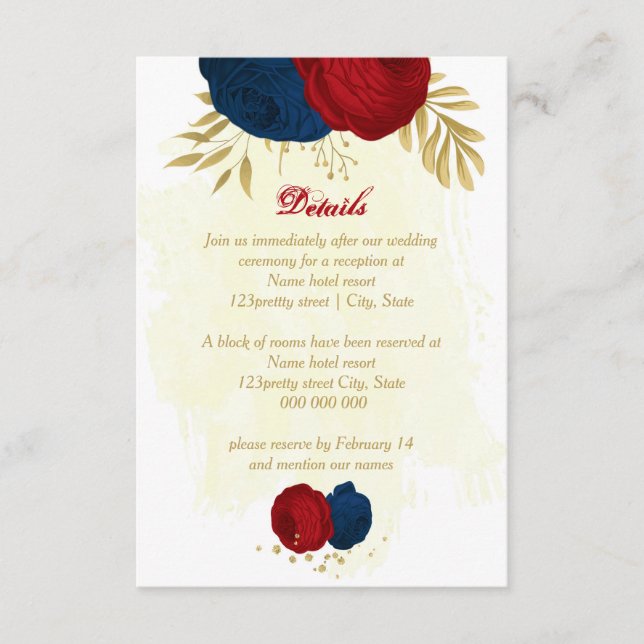 Carte D'accompagnement rouge & bleu marine fleurs or feuille mariage (Devant)