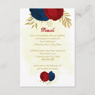 Carte D'accompagnement rouge & bleu marine fleurs or feuille mariage
