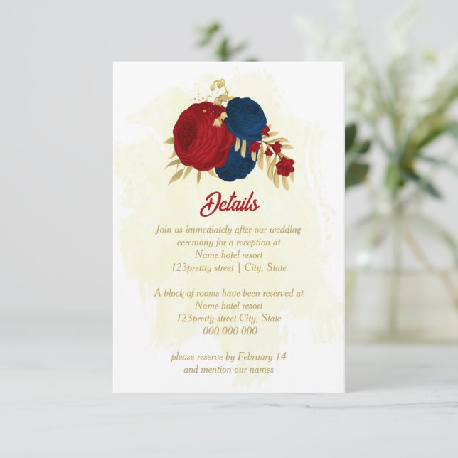 Carte D'accompagnement rouge & bleu marine fleurs or feuille mariage (Debout devant)