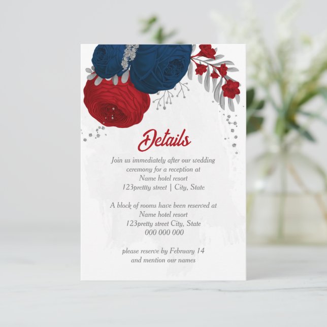 Carte D'accompagnement rouge et bleu marine fleurs argent mariage botaniq (Debout devant)