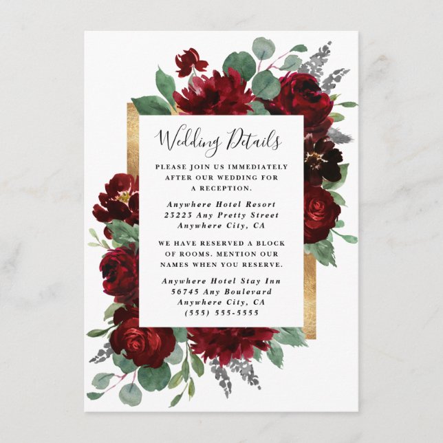 Carte D'accompagnement Rouge et or Floral Rose verdure Mariage blanc (Devant)