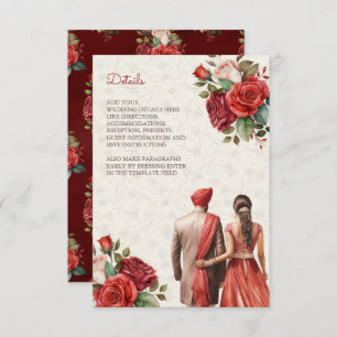Carte D'accompagnement Rouge Floral Indien Punjabi Sikh Détails du Mariag