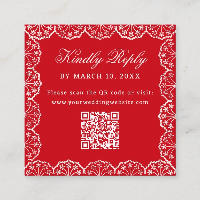 Carte D'accompagnement Rouge Romantique Mariage Code QR Cadre Dentelle Vi (Devant)