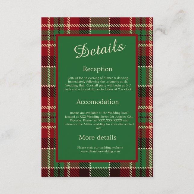 Carte D'accompagnement rouge vert noir écossais celtique tartan mariage (Devant)
