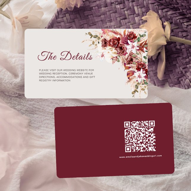 Carte D'accompagnement Rounded Mini Burgundy Floral QR Wedding Details (Créateur téléchargé)