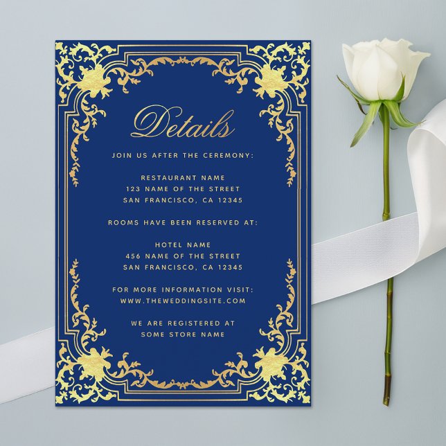 Carte D'accompagnement Royal Blue Détails Mariage Elégant Faux Gold Foil (Créateur téléchargé)