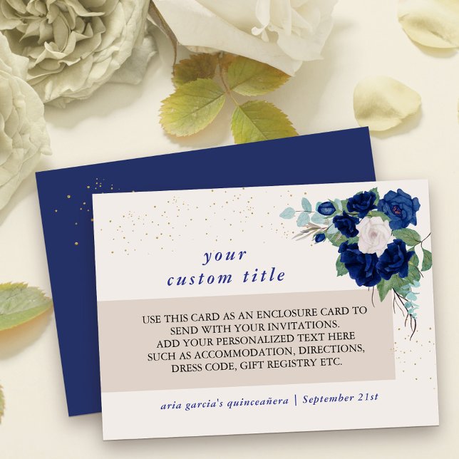 Carte D'accompagnement Royal Blue et Ivory Rose Détails personnalisés (Enclosure Card with fully editable text for reception details or any other additional information)