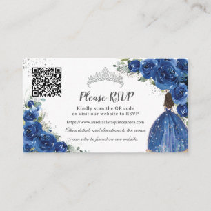 Carte D'accompagnement Royal Blue Floral Argent Quinceañera QR Code