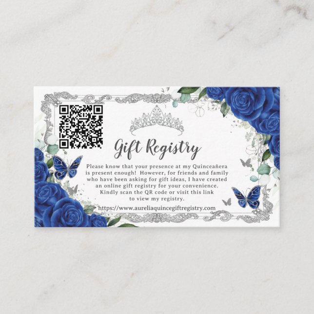Carte D'accompagnement Royal Blue Floral Argent Quinceañera Registre cade (Devant)