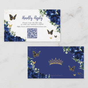 Carte D'accompagnement Royal Blue Floral Gold Quinceañera 16 QR Code RSVP