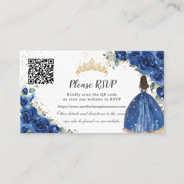 Carte D'accompagnement Royal Blue Floral Gold Quinceañera QR Code (Devant)