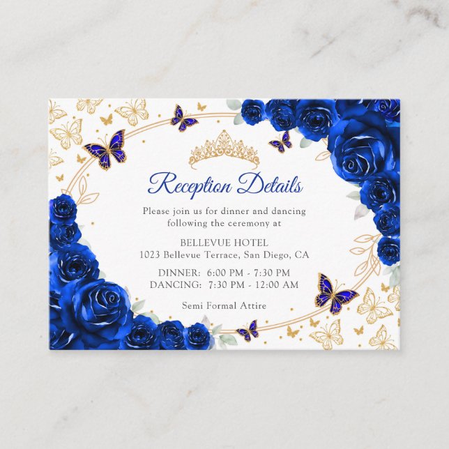 Carte D'accompagnement Royal Blue Gold Quinceanera Reception Details (Devant)