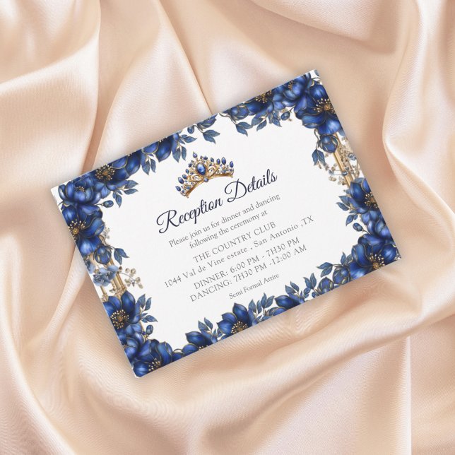 Carte D'accompagnement Royal Blue Golden Tiara Floral Quinceañera (Créateur téléchargé)