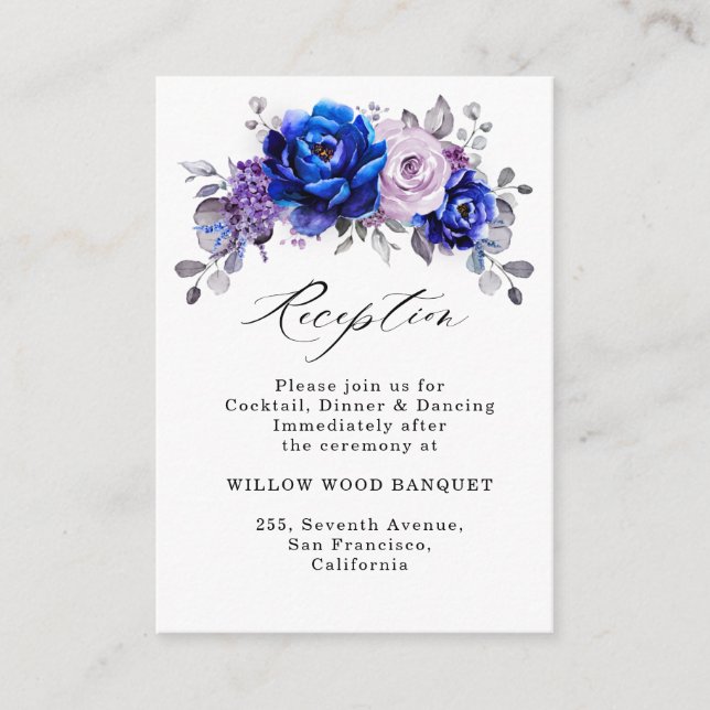 Carte D'accompagnement Royal Blue Lilac Purple Mariage Floral Réception (Devant)