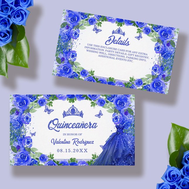 Carte D'accompagnement Royal Blue Parties scintillant Floral Sparkle Quin (Royal Blue Glitter Floral Sparkle Quinceanera Enclosure Card)